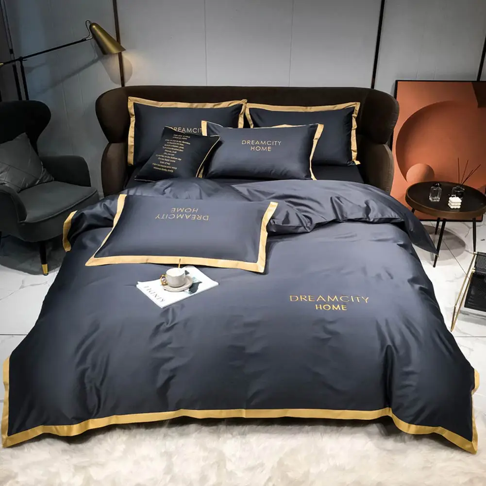 Svetanya Nordic Dark Grey Solid Cotton Embroidery Hotel Linens Fitted Sheet Queen Ru Europe Bedding Set Duvet Cover Set