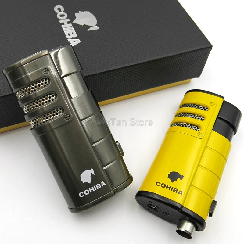 COHIBA Классическая Металлическая ветрозащитная желтая карманная портативная сигаретная зажигалка 3 фонарь Jet Flame W/Подарочная коробка