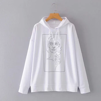 

Simple Face Abstract Graphic Hoodie Women Autum Aesthetic Print All-match Pullover Tops Fashion Casual White Oversized Hoodies