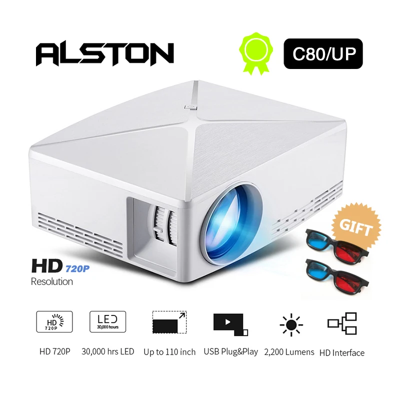ALSTON HD мини-проектор C80/C80UP, разрешение 1280x720, Android wifi Proyector, светодиодный, портативный HD мультимедийный проектор для домашнего кинотеатра