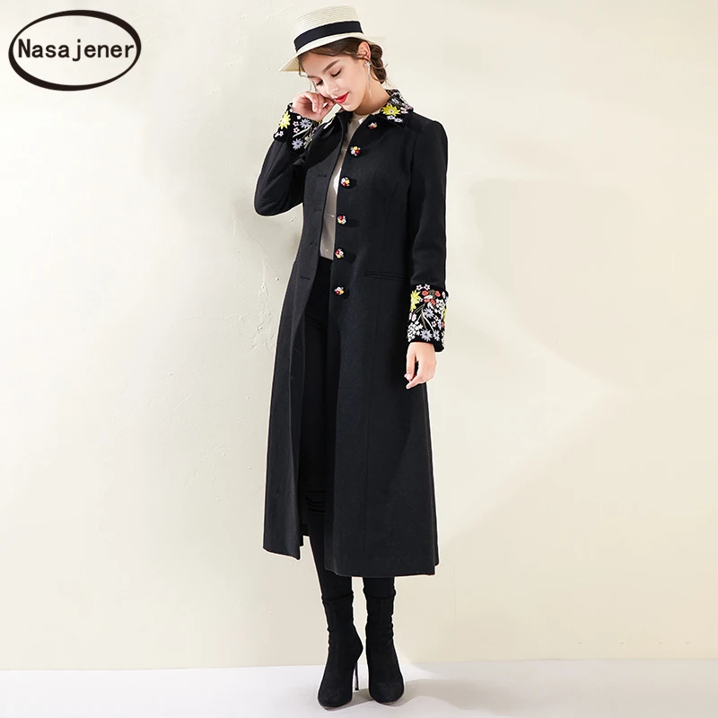 Осень и зима новое черное Модное Элегантное темпераментное миди длинное тонкое женское Шерстяное Пальто с вышивкой и длинными рукавами