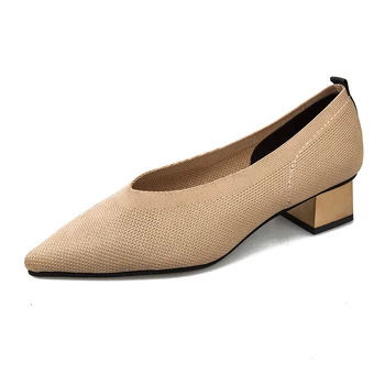 

2020 New Arrival Women Med High Heel Brand Ladies Pointed Toe Shoes Ladies Stretch Knitted Fashion Pumps Office Shoes