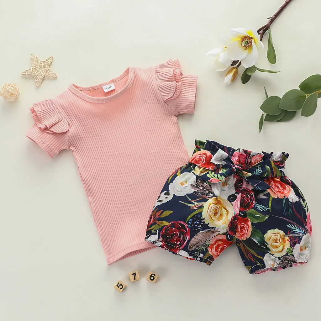 

(6M-4Y) Girls short sleeve solid color pit strip top + flower printed shorts two-piece suit solid color baby girl clothes S4