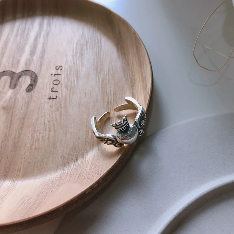 LouLeur, Настоящее серебро 925 пробы, корона, кольца,, Ретро стиль, сердце, крылья, кольцо для женщин, девушек, модное ювелирное изделие, подарок, вечерние кольца