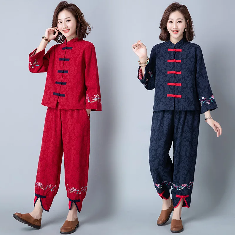 

2019 Ethnic-Style Autumn And Winter New Style Cotton Linen Jacquard Embroidered Blouses Coat + Loose Pants Large Size Set