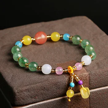 

Women's Crystal Bracelet 8mm Duobao Agate Bangles Green Strawberry Hanging Honey Wax Bracelet Gift for Women's Fine Jewelry