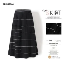 INNASOFAN, вязаная женская юбка, Осень-зима, плиссированная юбка, высокая талия, модная, высокая, шикарная, Полосатая юбка