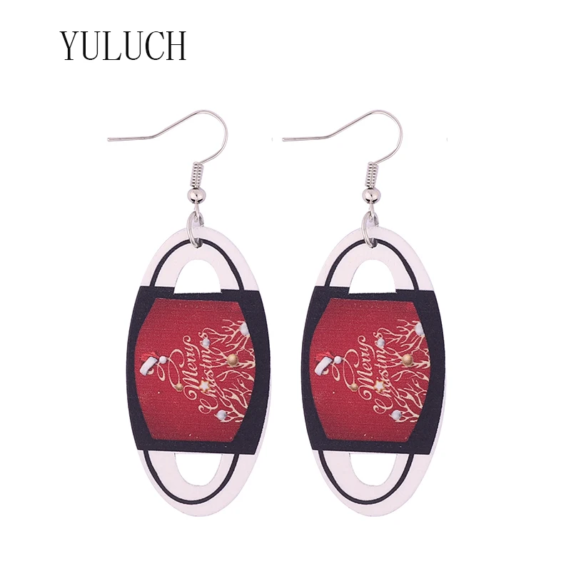 

YULUCH Natural wood exaggerated pendant double-sided printing Women's Christmas earrings Girls' holiday theme jewelry Women