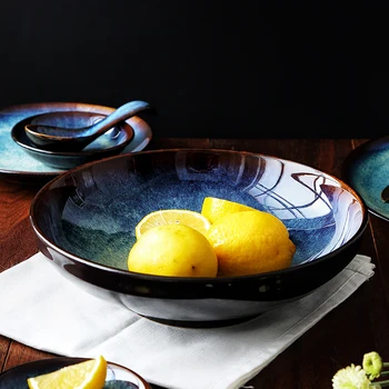 

KINGLANG Klin Glazed Ceramic Plates Breakfast Bowl Western Dinner Noodle Bowl Steak Plate Plain Plate Glaze color Peacock