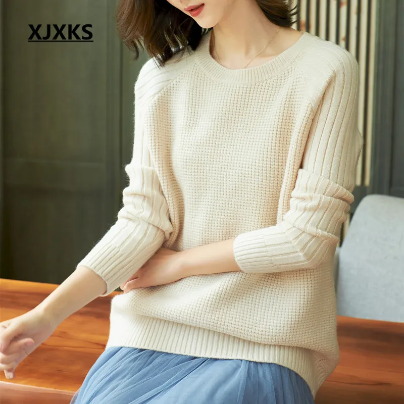 XJXKS High quality cashmere knittred sweater women pullover autumn winter new solid color all-match casual women sweater - Color: Beige