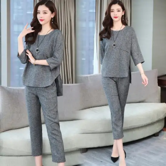 Autumn Summer Two Piece Sets Women Grey Wine Red 3/4 Sleeve Tops And Cropped Pants Suits Office Elegant Women's 2020 AE499 |