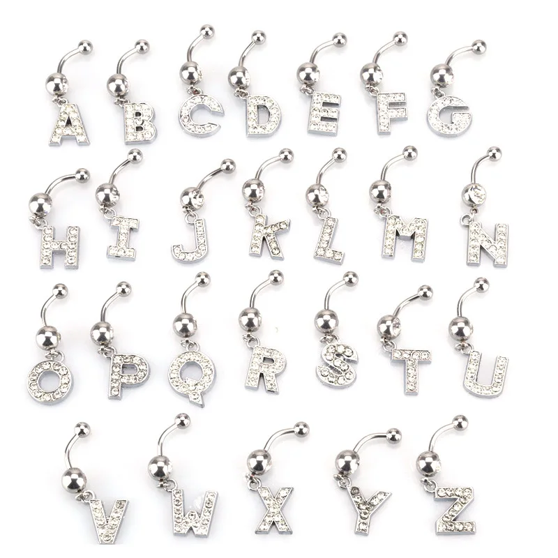 

26 letter A to Z style Charming Body Piercing Crystal Rhinestone Inlaid Navel Belly Button Ring stainless steel jewelry