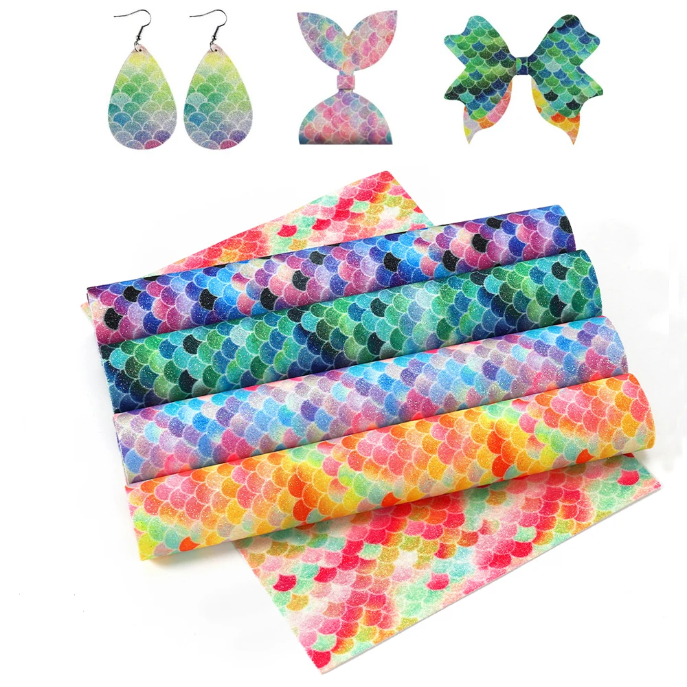 6 стилей/лот радуга блеск ткани чешуя русалки синтетическая кожа ткань листы для