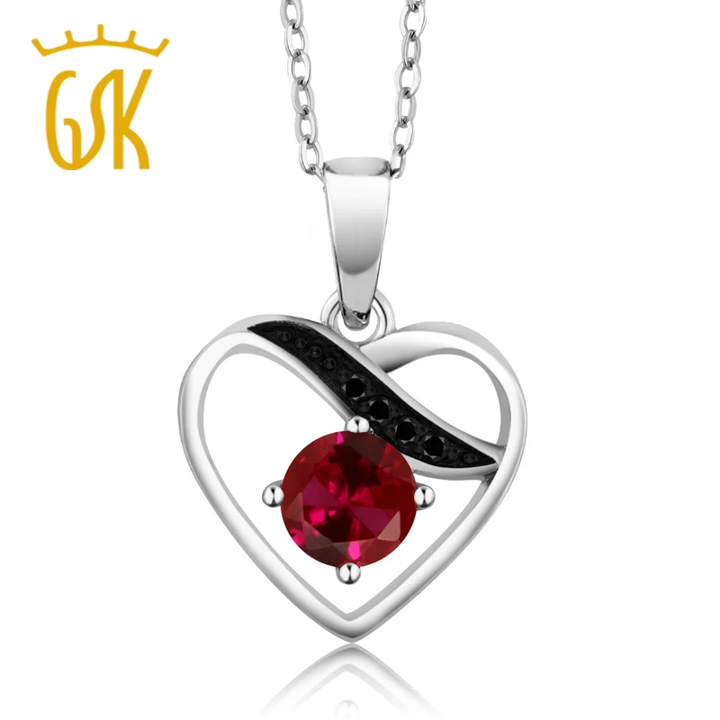 

GemStoneKing 0.28 Ct Round Red Created Ruby Black Diamond Rhodium Plated Pendant For Women FIne Jewelry