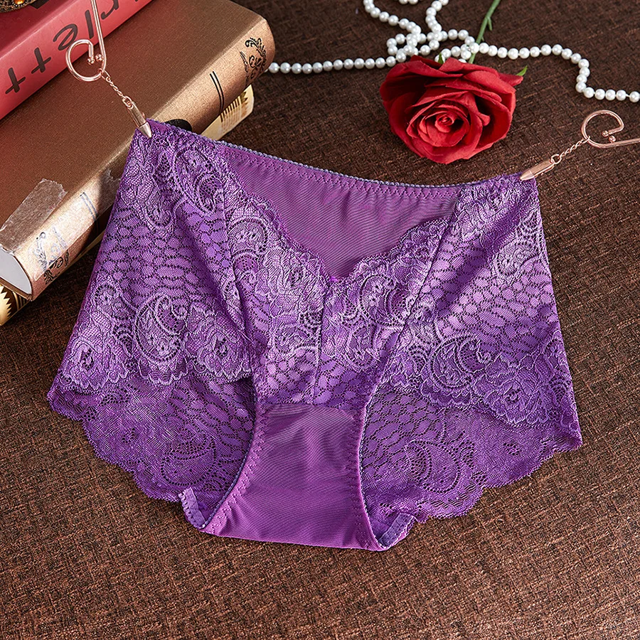 High Waist Lace Women Underpants Sexy Temptation Hollow Out Panties - Цвет: deep purple