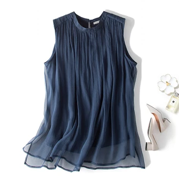 

100% Silk Women's Blouse O Neck Sleeveless Layered Fashion Summer Tank Tops