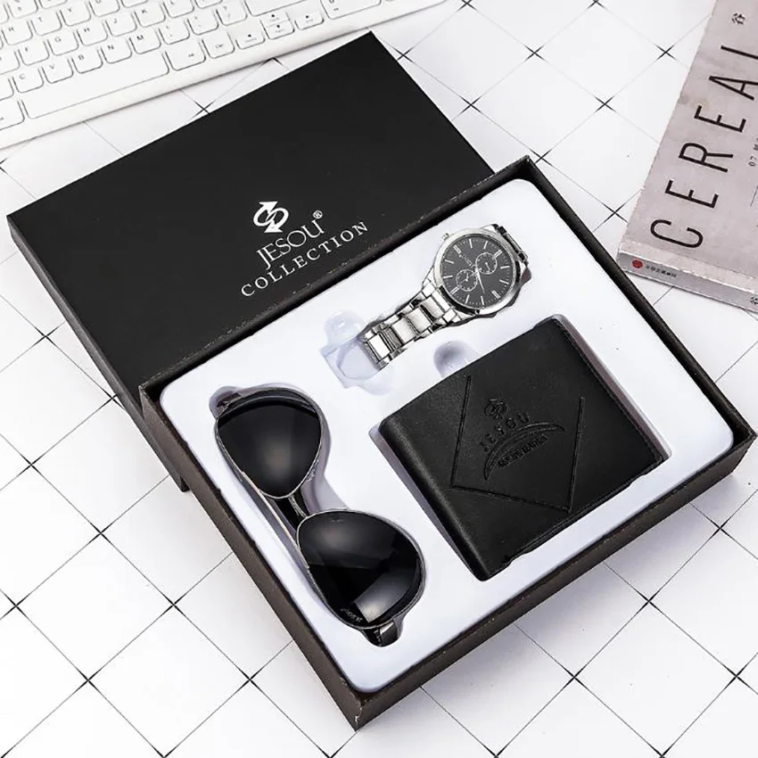 

Men Watch 3pcs/set gift set wallet large dial quartz watch glasses Packaged Leather Men's Watches Gift For Boyfriend with box