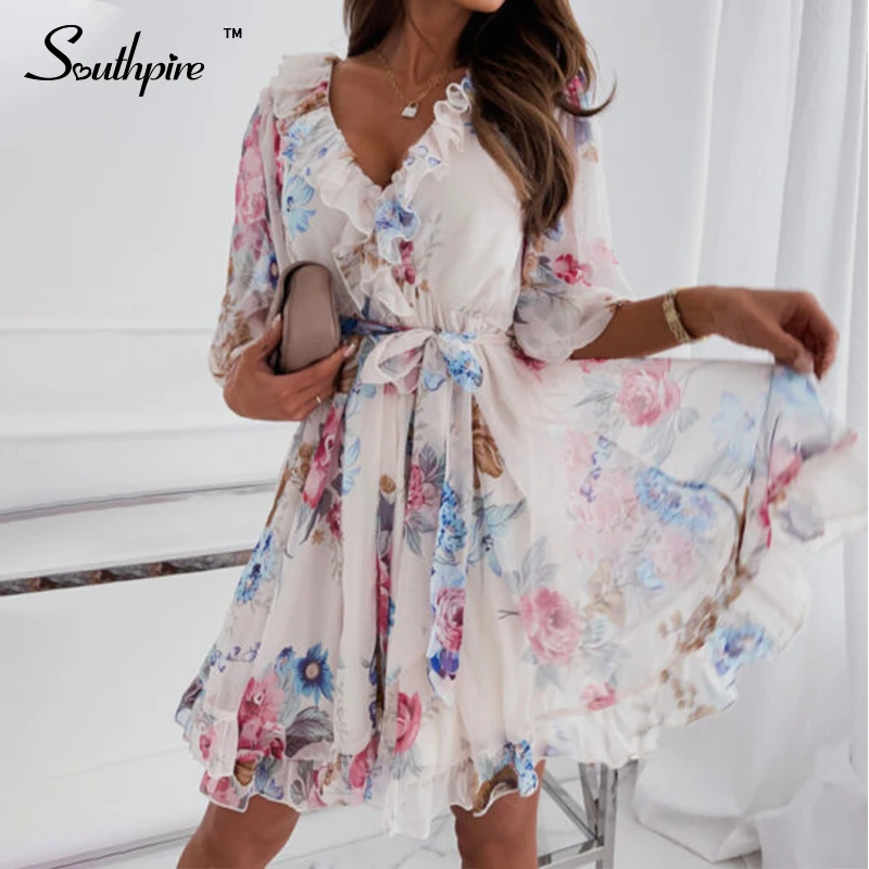 Southpire Women's Floral Print Half Sleeve Sexy Mini Party Dress Backless Ruffle Spring Summer 2022 Casual Female Clothing | Женская