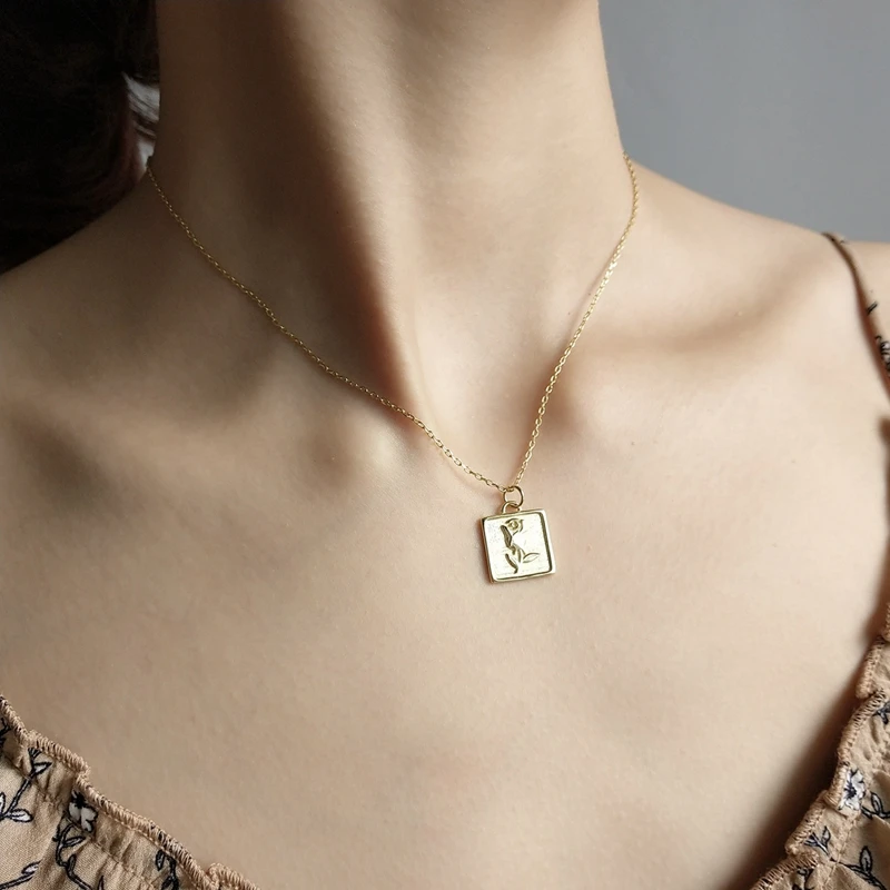 Romantic Rose Flower Necklace Real 925 Sterling Silver Flower Necklace Gold Square Card Pendant Necklace Lover Valentine S Gift Necklaces Aliexpress