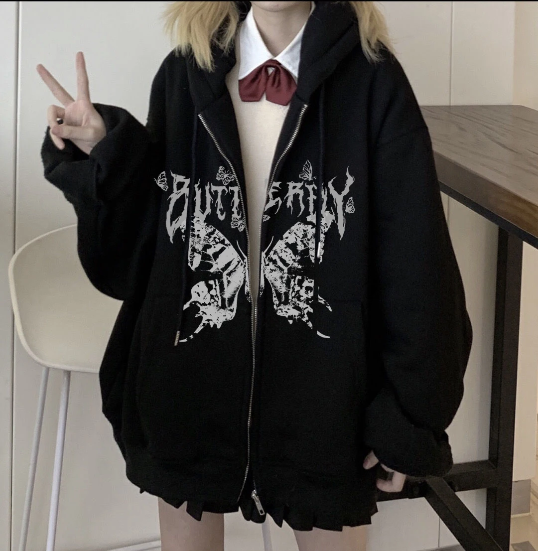 Women's Y2K Retro Dark Gray молния бабочка с капюшон Sweatshirt 90s Harajuku Punk Gothic Zip Up Hoodie Long-sleeved Loose Jacket