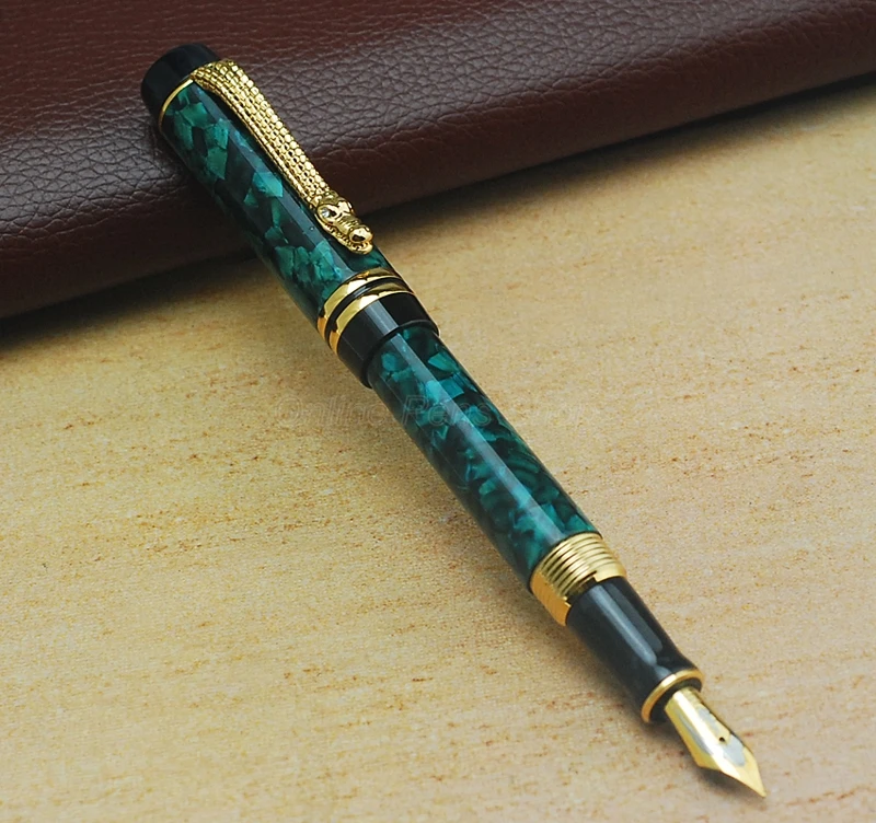 Crocodile Fashion Marble Celluloid Fountain Pen 22KGP Medium Nib Writing Gift Pen Green Flowers Pattern With Crocodile Clip