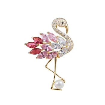 

LADYCHIC High Quality Flamingo Brooches for Women Party Wedding Jewelry Pink Red Crystal Gold Color Animal Bird Brooch LH1026