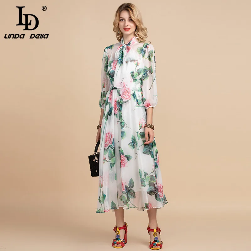 Ld Linda Della 2020 Fashion Designer Vakantie Zomer Jurk Vrouwen Boog Kraag Casual Rose Bloemenprint Chiffon Midi Elegant jurk Ld Linda Della 2020 Fashion Designer Vakantie Zomer Jurk Vrouwen Boog Kraag Casual Rose Bloemenprint Chiffon Midi Elegant jurk