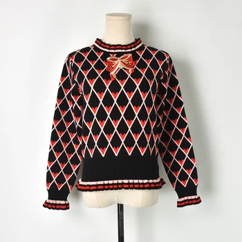 

Winter Crop Sweater for Women 2019 Runway Bows Heart Print Plaid Knitted Sweater Short Pullover Sueter Mujer Knitwear Top P-033