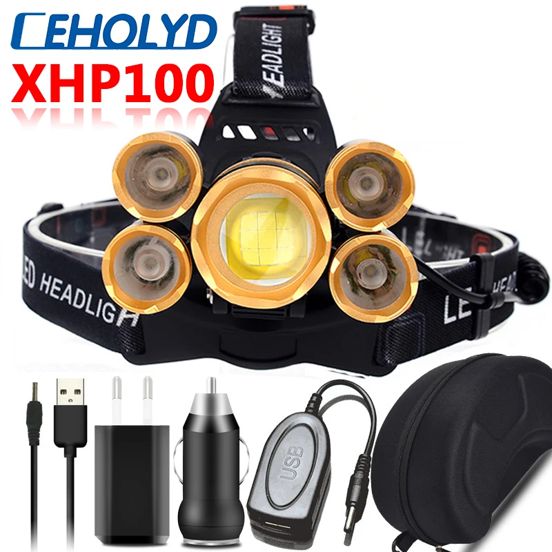 5 светодиодов XHP100 9-ядерная фара масштабируемая из алюминиевого сплава 2 * 18650 5200