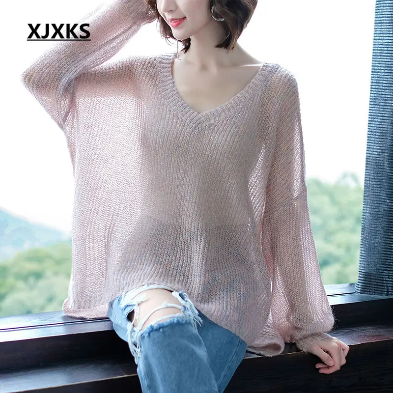 

XJXKS New Autumn Loose Tops Women Fashion Long Sleeve Solid Color Knitted Pullovers Wool Spring Sweater Ladies Knitwear