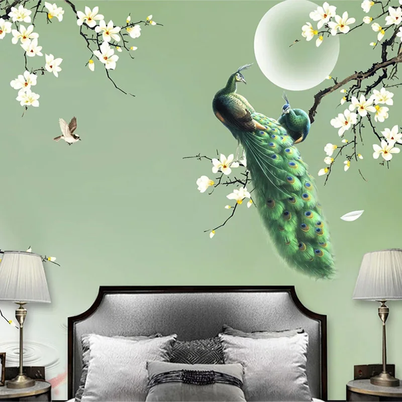 Custom-Mural-Wallpaper-Chinese-Style-Hand-painted-Magnolia-Green-Peacock-Flowers-Birds-Photo-Wall-Paper-Living (2)