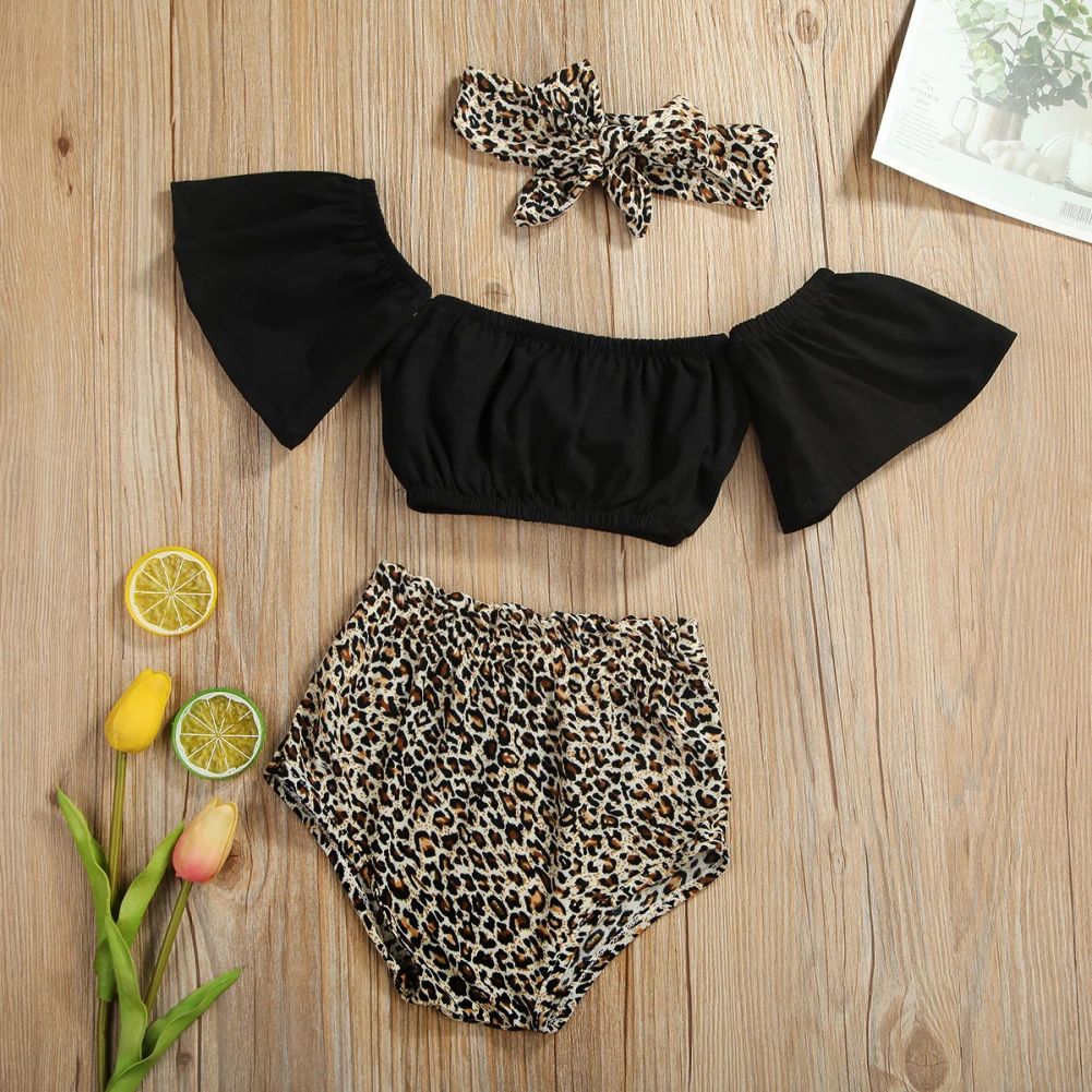 Baby Summer Clothing Infant Baby Girl Clothes Off-Shoulder Tops Vest Leopard Shorts Headband 3PCS Outfits Set 0-18M