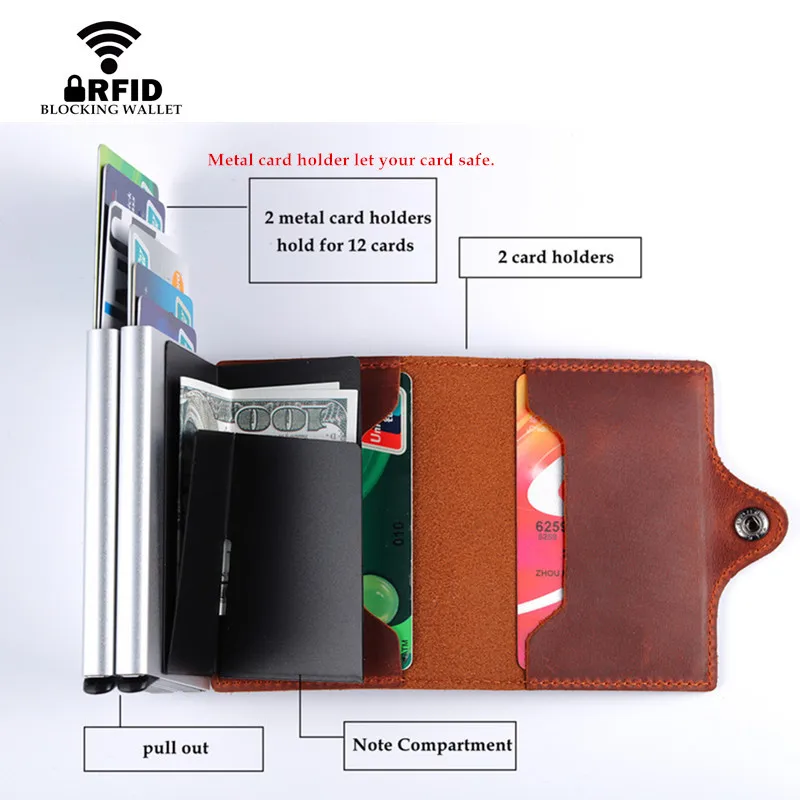 BISI GORO, Умный кошелек из натуральной кожи, RFID, кредитный держатель для карт, алюминиевая двойная коробка, винтажный кожаный кошелек Crazy Horse, маленький кошелек для карт