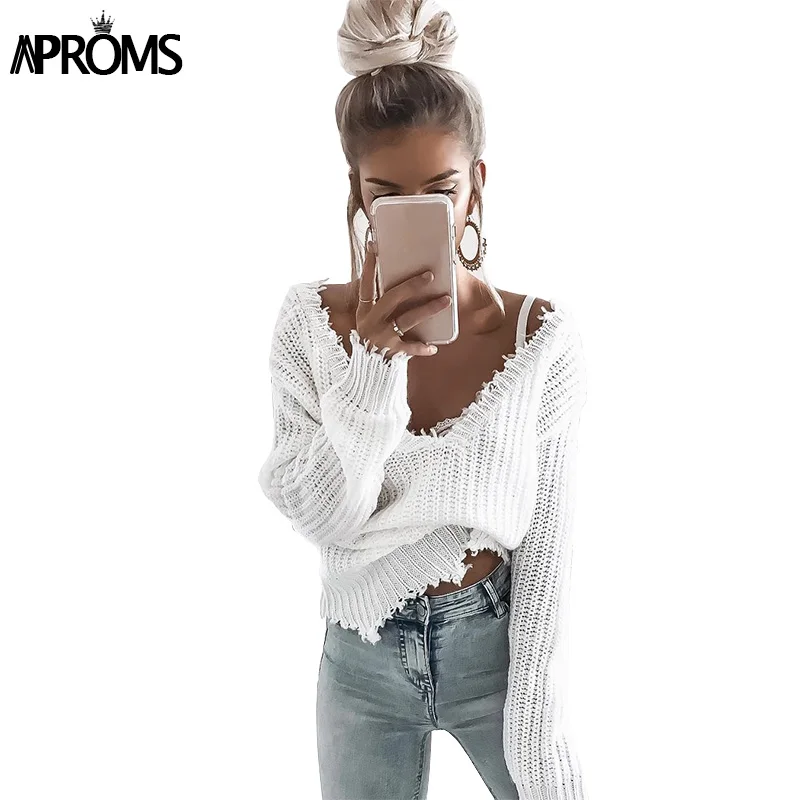 Aproms Tassel Deep V Knitted Pullover Female Autumn Winter White Long Sleeve Knit Crochet Sweaters Women Cropped Jumper Pull Top | Женская