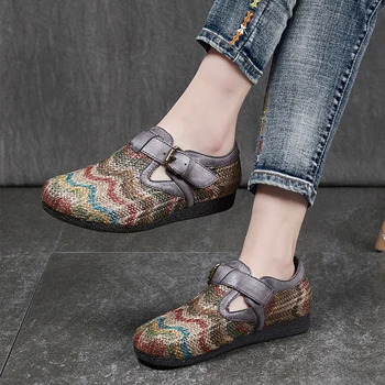 

Anance women shoes breathable woven round head lady color matching leather women's shoes ethnic comfortable ladies casual shoes