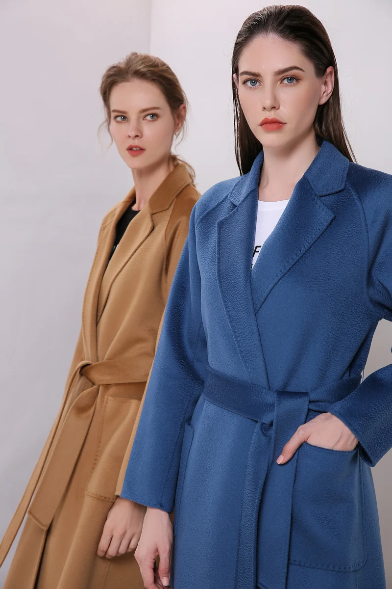 Luxury Women's Runway Coats Turn Down Collar Long Sleeves Sash Belt Elegant Double Cashmere Wool Overcoats Winter Outerwear