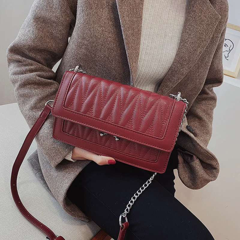 

Chain Pleated Lock Winter Small Square Bag WOMEN'S Bag 2019 on New Style Textured Versitile Fashion Crossbody Bag