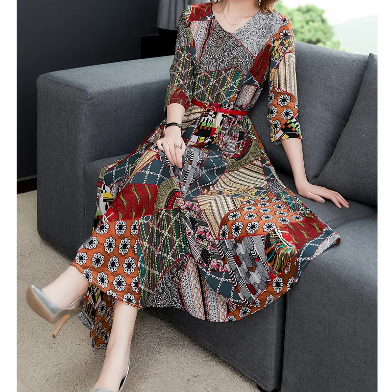 

V-neck Vintage Printed Dress Female Spring 2019 New Style Fashion Waist Hugging Slimming Elegant Mid-length Dress