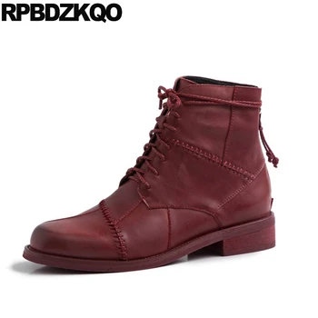 

chunky fall ladies genuine leather autumn winter shoes booties female block women ankle boots 2019 round toe short wine red fur