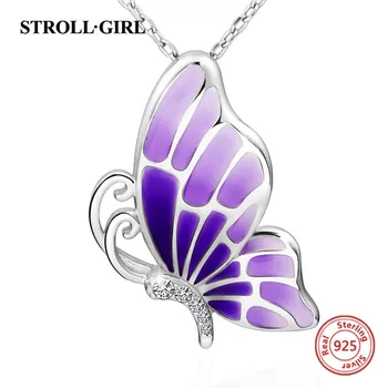 

100% sterling silver 925 lovely butterfly chain pendant necklace with CZ&gradient purple enamel diy jewelry making for women
