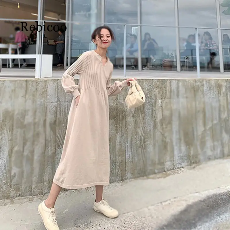 

Korean version of the autumn and winter large size super long thick sweater dress V-neck pullover loose thin lantern sleeves kni