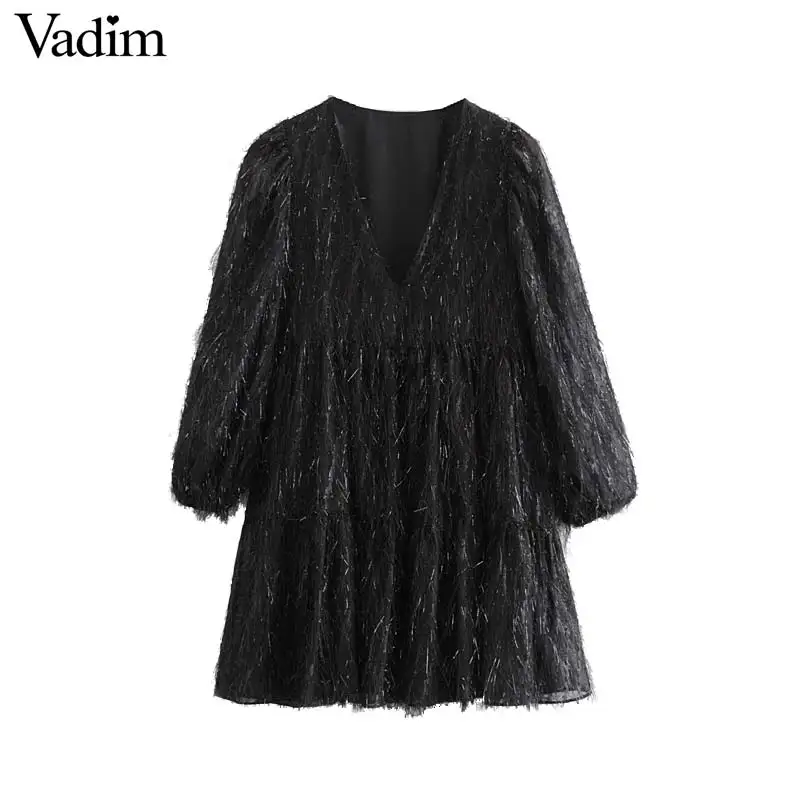 

Vadim women sexy tassel patchwork mini dress V neck long sleeve straight party club wear black stylish dresses vestidos QC988