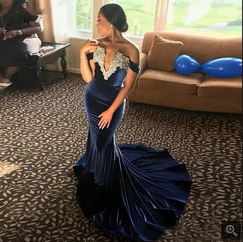 Vestido de festa темно-синие бархатные Русалка Бисероплетение платья для выпускного вечера со стразами с открытыми плечами v-образный вырез сексуальные платья для выпускного вечера со шлейфом