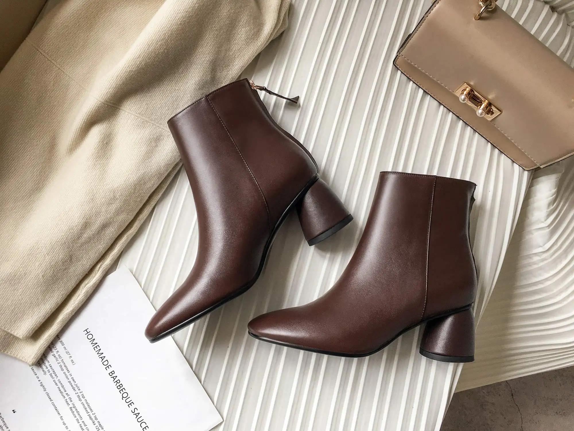 handmade round toe genuine leather high heels zipper women ankle boots elegant dress solid fashion boots warm winter shoes L19