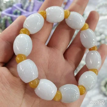 

Natural Jadeite Engraving Barrel Beads Elastic Bracelet Charm Jewellery Fashion Hand-Carved Man Woman Luck Gifts Amulet New W87