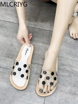 

Cute Polka Dot Women Slide 2020 Fashion Pu Leather Beach Shoes Woman Flat Heels Slippers Barefoot Slippers Woman