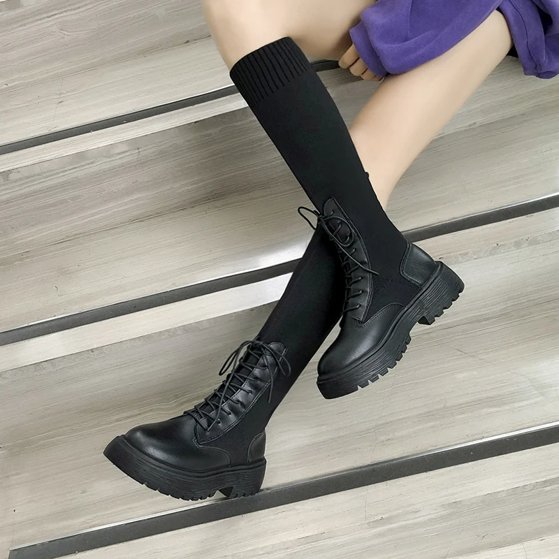 Сапоги до колена на плоской платформе женская обувь высокие сапоги-трубы из эластичной ткани на шнуровке черные зимние водонепроницаемые Нескользящие сапоги