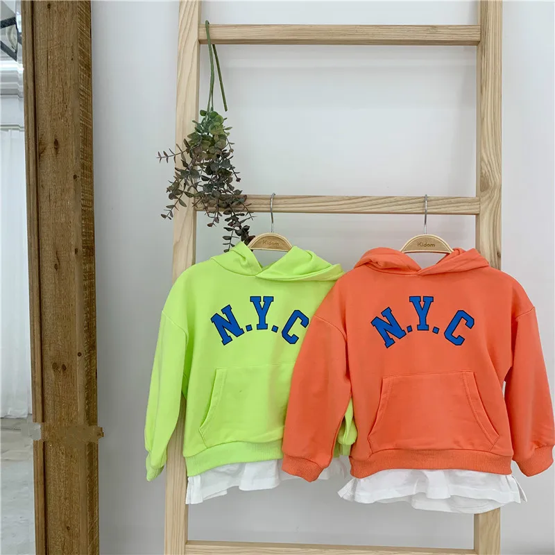 

Autumn New Leisure Loose Bright Color Letters Printed Baby Cotton Hooded 1-6yrs Children's Clothing Kids Patchwork Sweatshirt