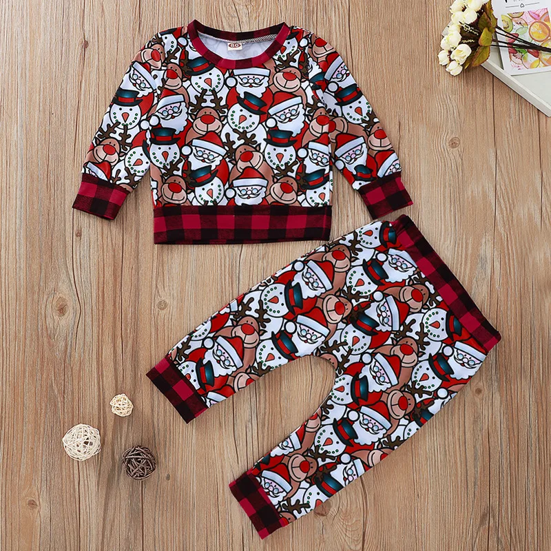 Free shipping 2pcs Kids Toddler Baby Plaid Christmas Cartoon deer Clothes Suit Shirt+ Pants 0-36M baby boy girl clothes