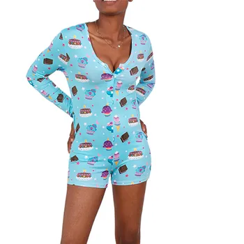 

Sexy Women Casual V-neck Fruit Print Bodycon Slim Romper Sleepwear Jumpsuits Button Shorts Rompers Leotard Long Sleeve Bodysuits